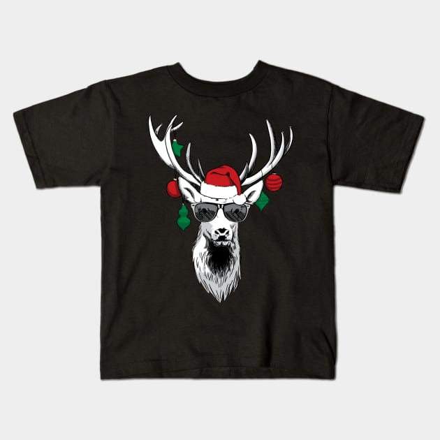 Cool Reindeer with Sunglasses Funny Christmas Design Kids T-Shirt by polliadesign